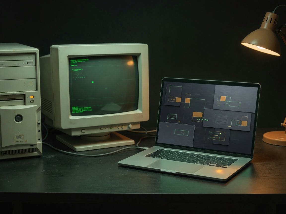 Placeholder: old office PC beside a modern laptop showing a dark web interface