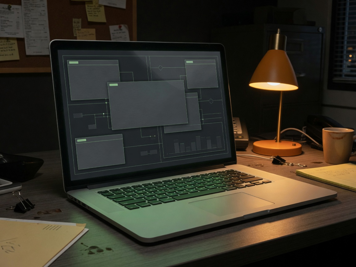 Placeholder: laptop in a back office showing an abstract dark dashboard