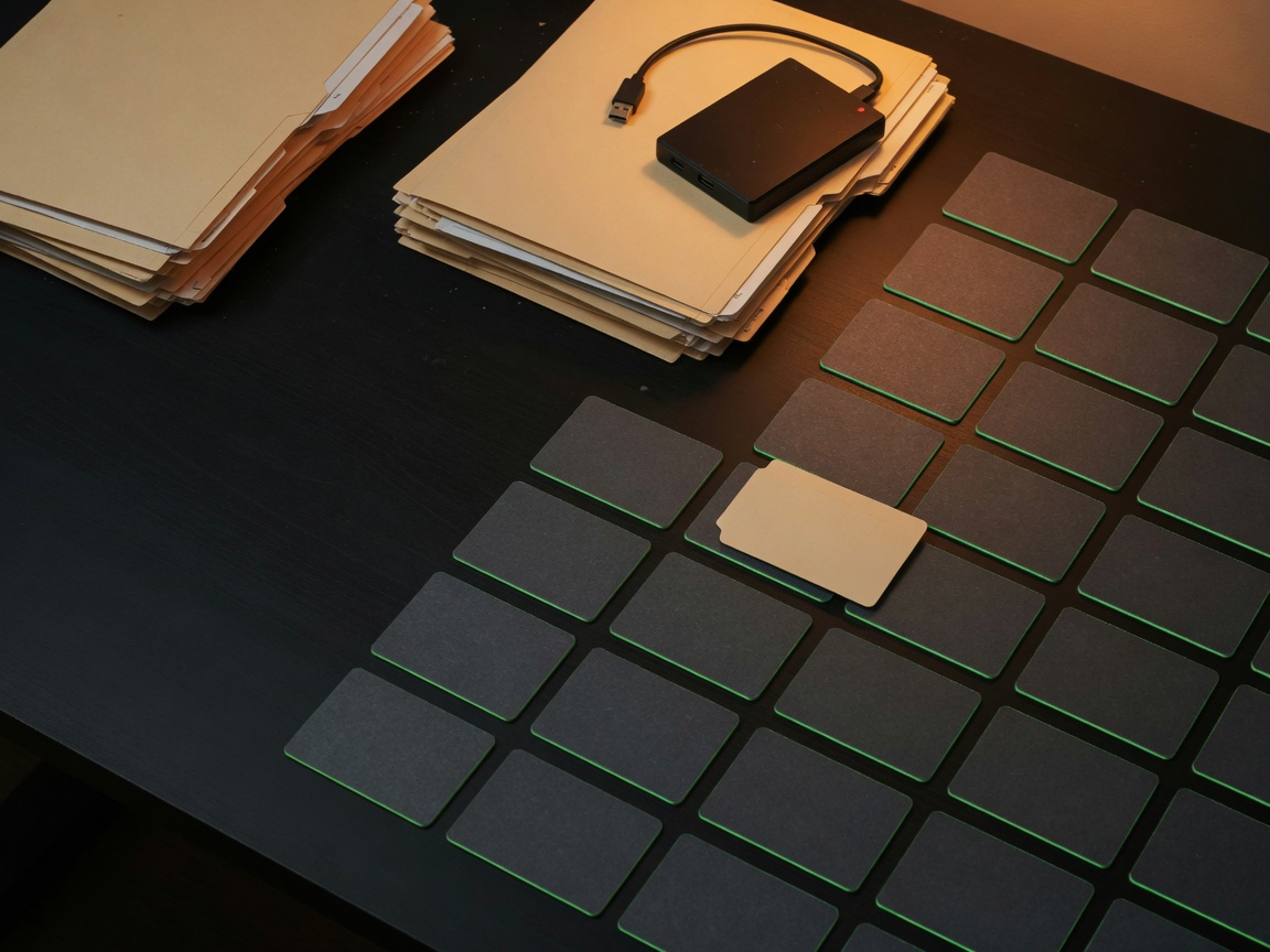 Placeholder: folders and a hard drive giving way to orderly dark cards